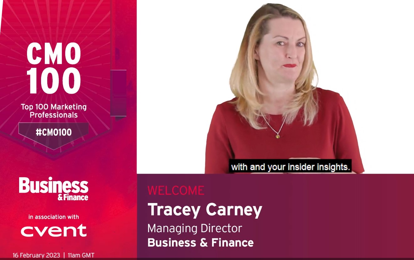 Tracey Carney, CEO of Business and Finance, introducing the CMO 100 webinar, 2023