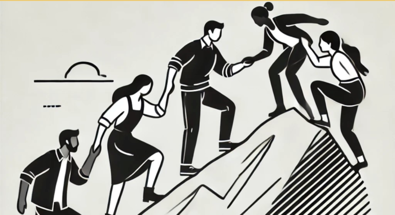 Drawing of 5 people pulling each other up a hill